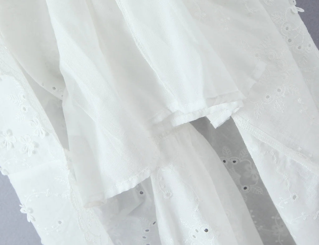 Embroidered Asymmetric Ruffle Midi Dress