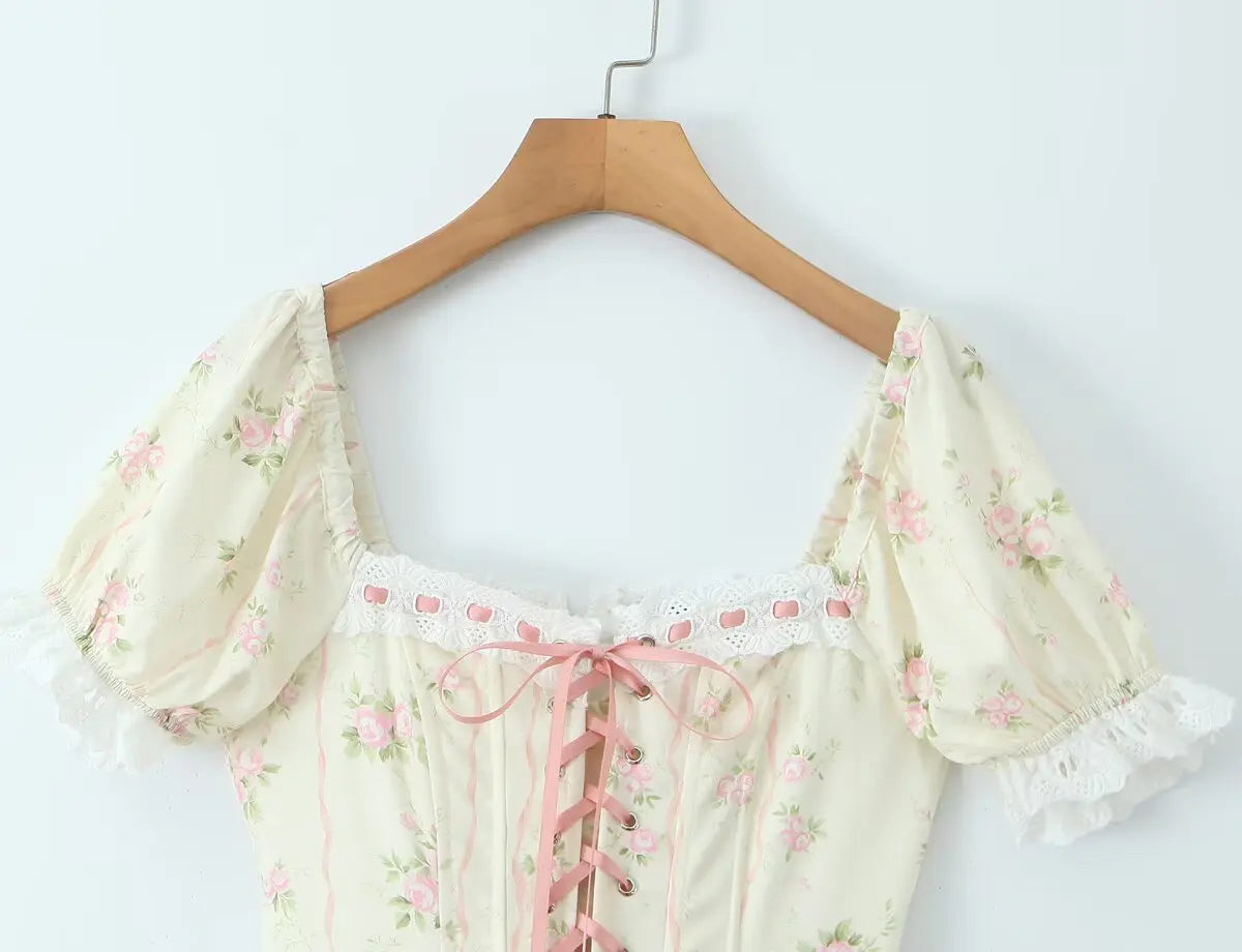 Lace Up Corset Puff Sleeve Midi Dress