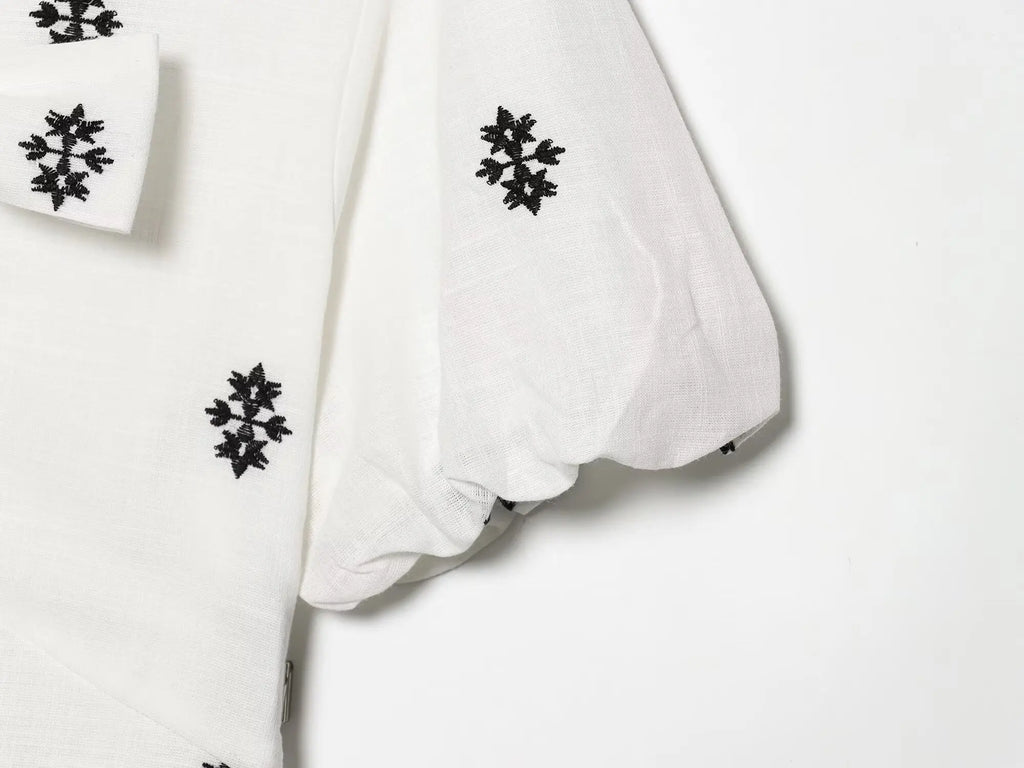 Bow Tie Puff Sleeve Embroidered Tiered Maxi Dress