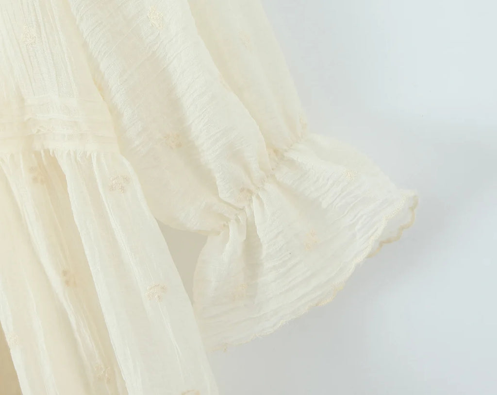 Sheer Dobby Tassel Tie Ruffle Hem Mini Dress