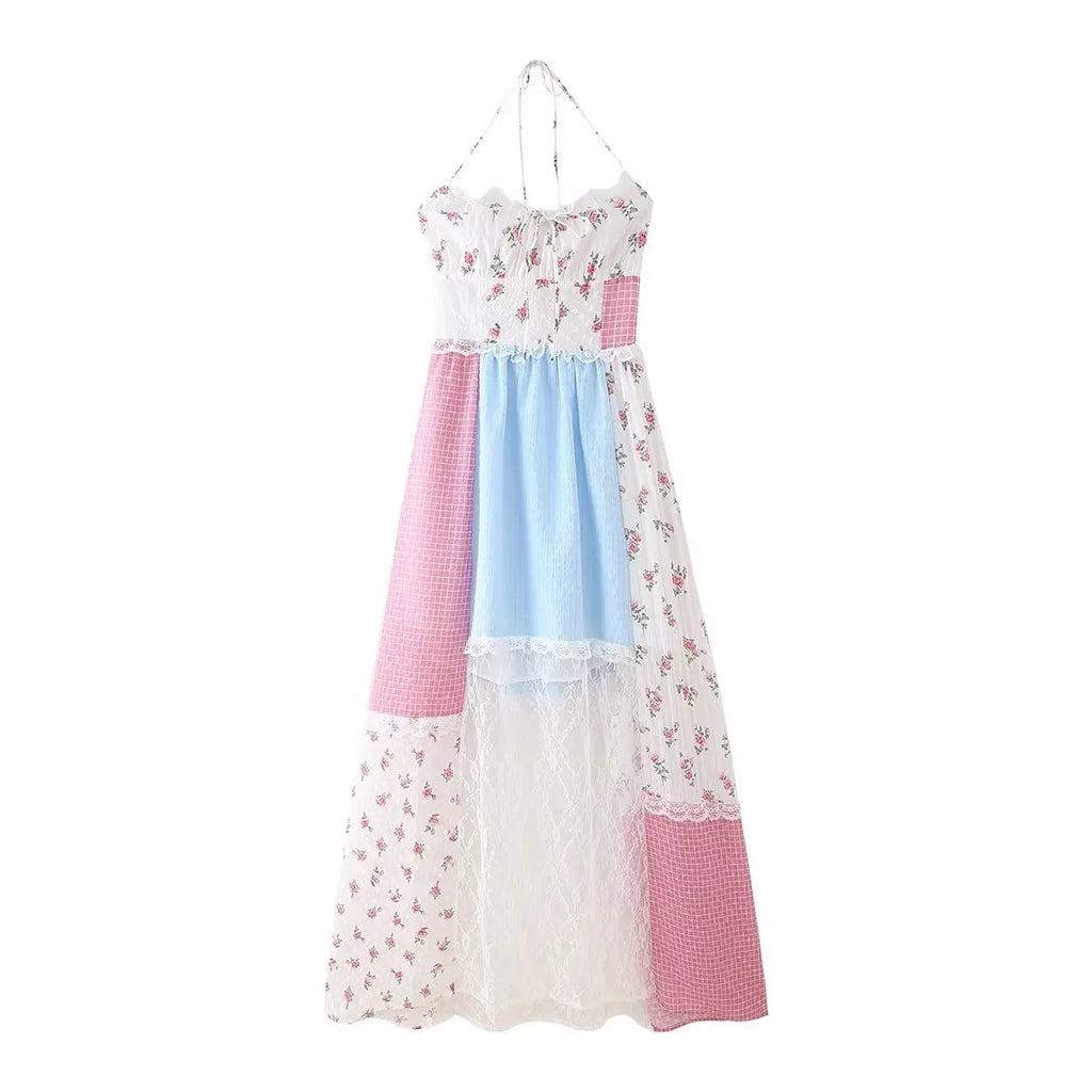 Halter Tie Patchwork Lace Maxi Dress