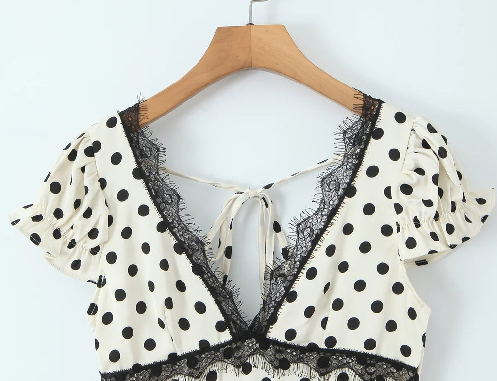 Polka Dot Lace Trim Plunge Maxi Dress