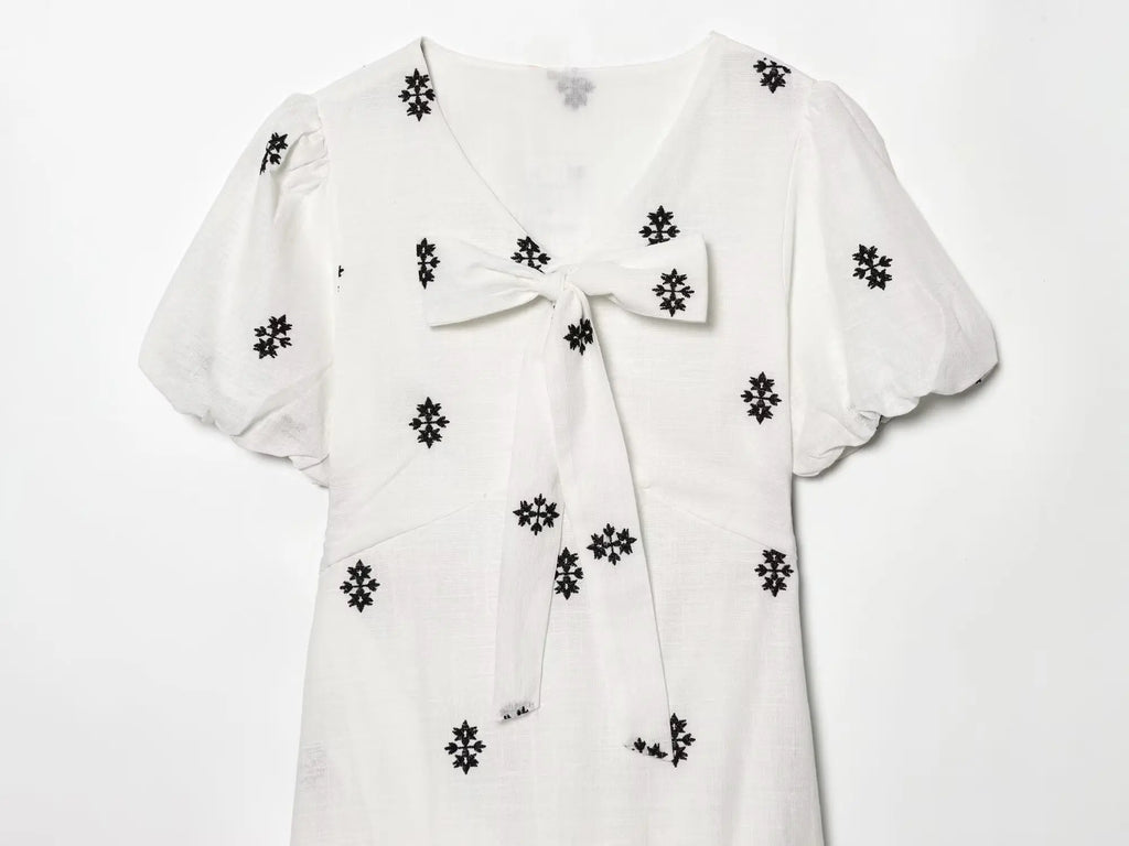 Bow Tie Puff Sleeve Embroidered Tiered Maxi Dress