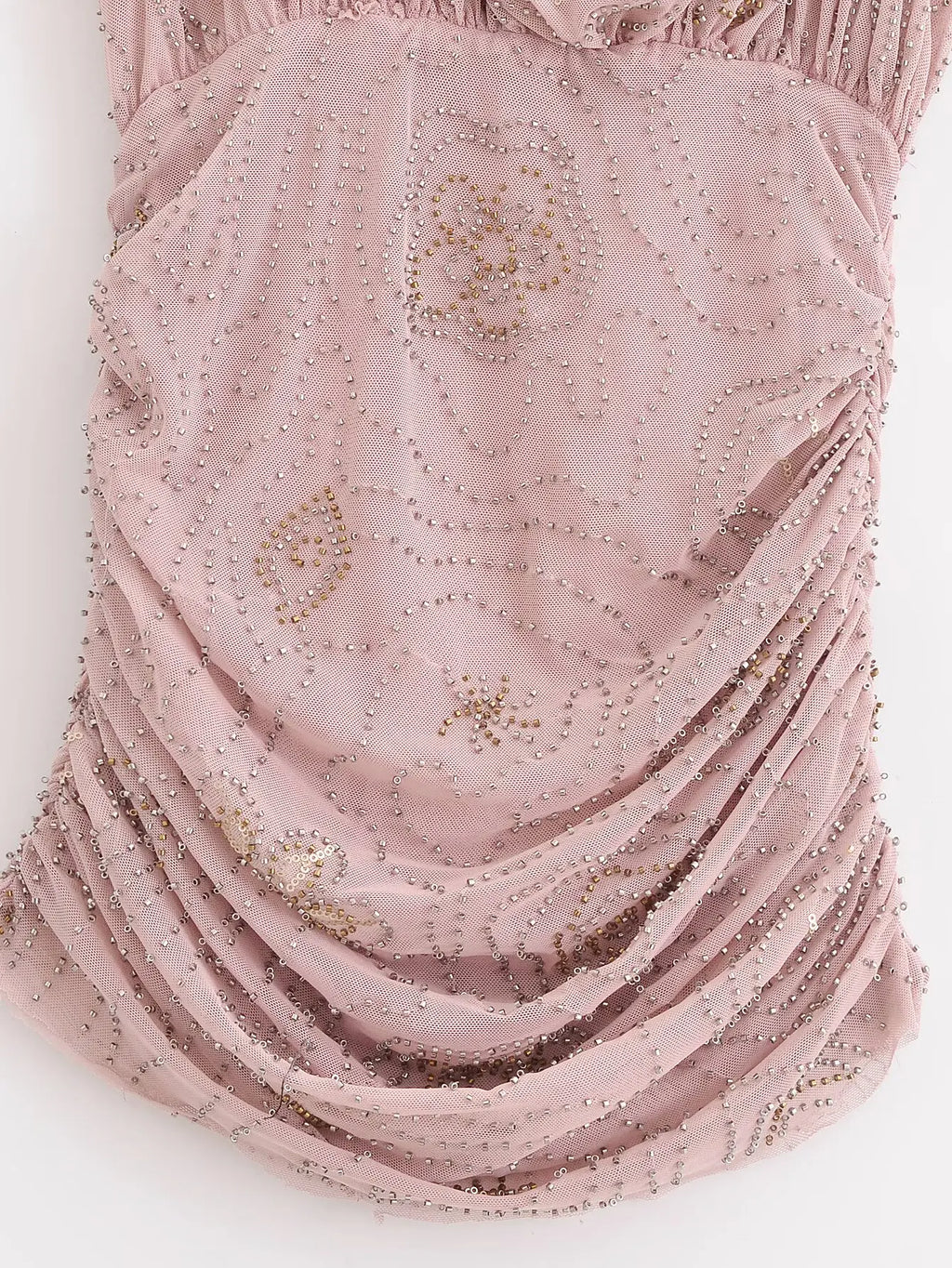 Beaded Cowl Neck Ruched Mini Dress