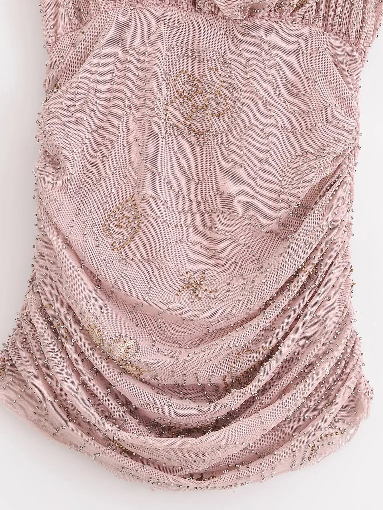Beaded Cowl Neck Ruched Mini Dress