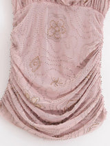 Beaded Cowl Neck Ruched Mini Dress