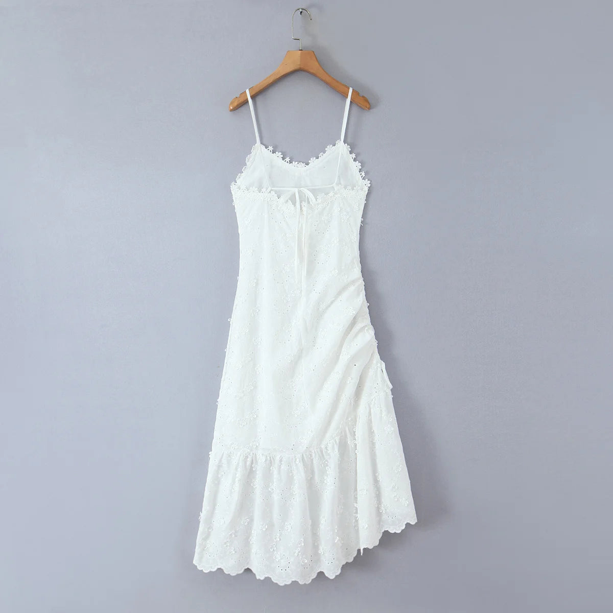 Embroidered Asymmetric Ruffle Midi Dress