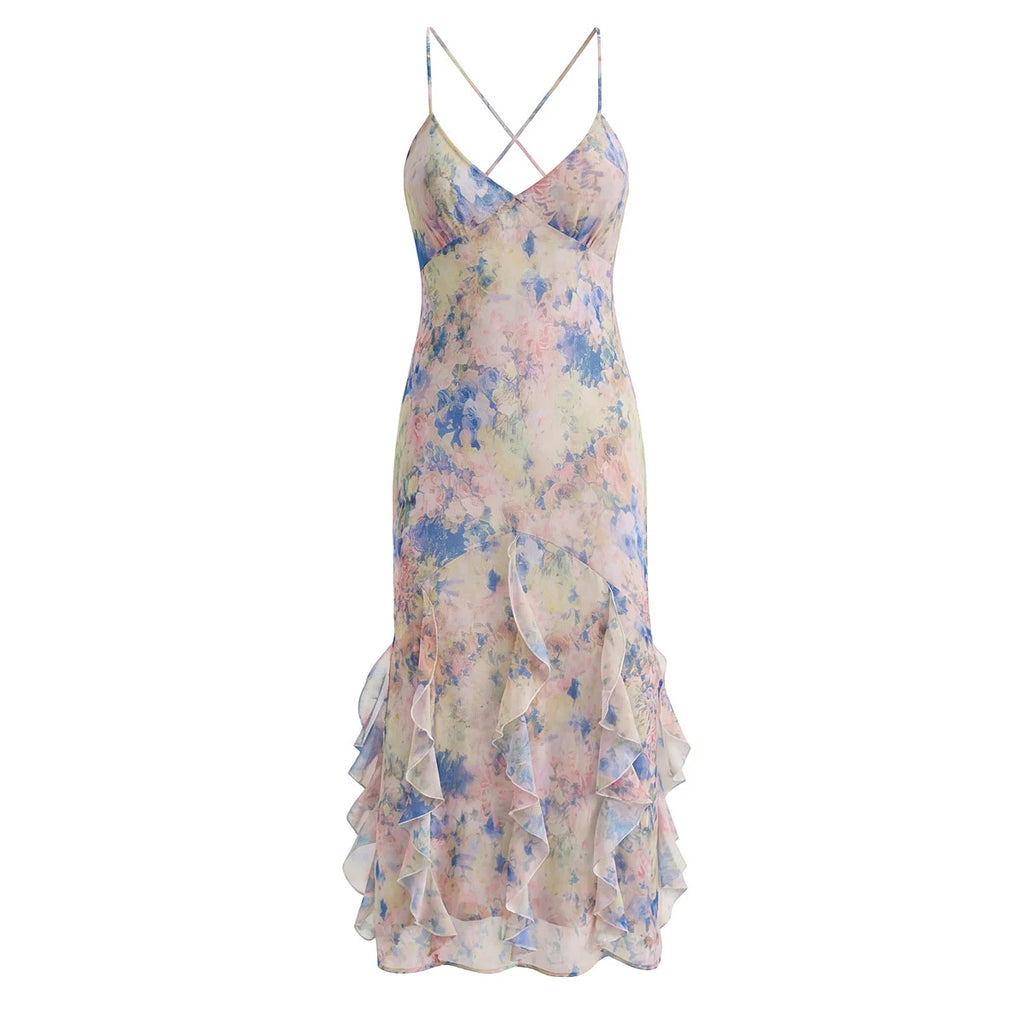 Crossback V Neck Ruffle Hem Maxi Dress