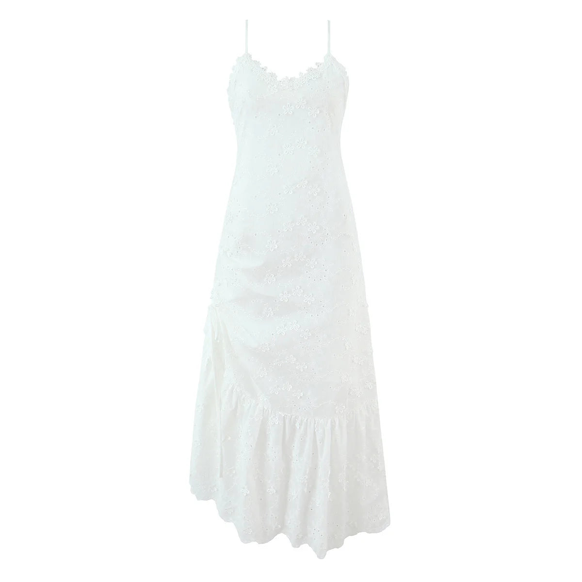 Embroidered Asymmetric Ruffle Midi Dress
