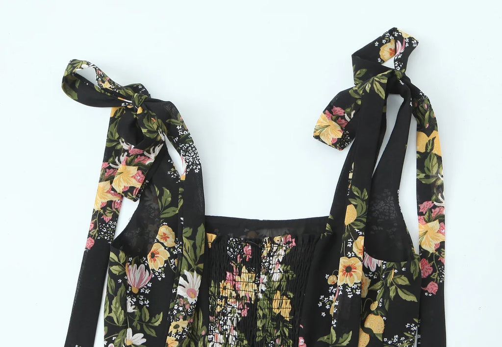 Floral Tie Strap Square Neck Maxi Dress