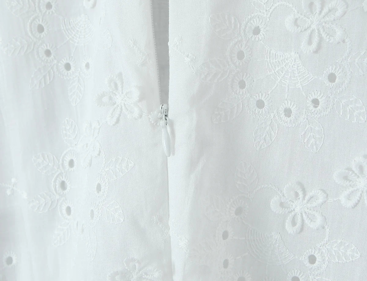 Embroidered Asymmetric Ruffle Midi Dress