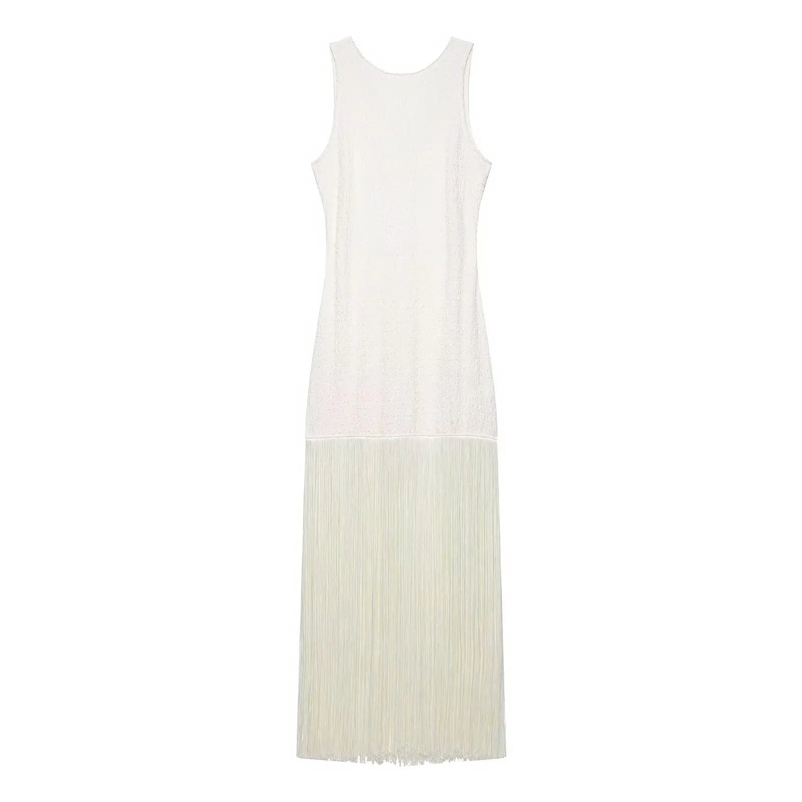 Fringe Cascade Column Maxi Dress