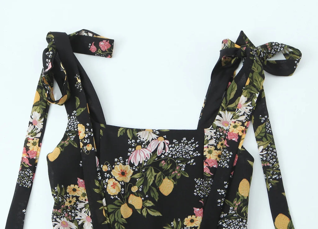 Floral Tie Strap Square Neck Maxi Dress