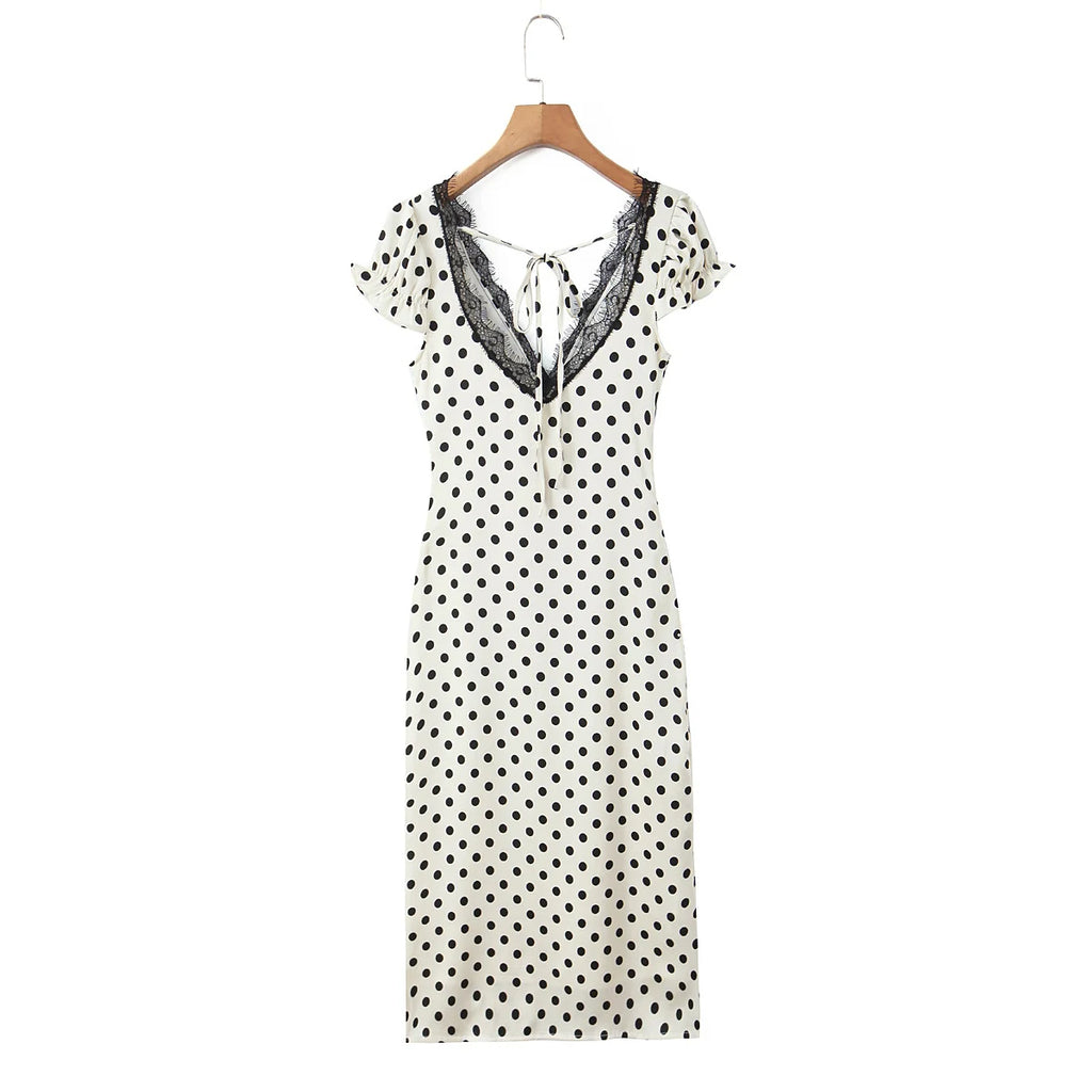 Polka Dot Lace Trim Plunge Maxi Dress