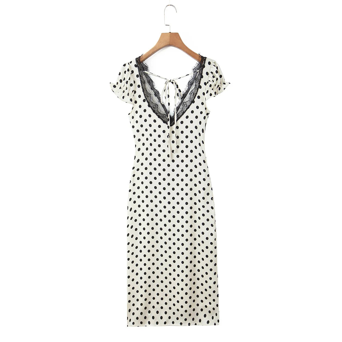 Polka Dot Lace Trim Plunge Maxi Dress
