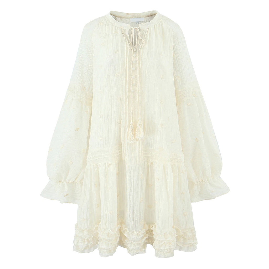 Sheer Dobby Tassel Tie Ruffle Hem Mini Dress