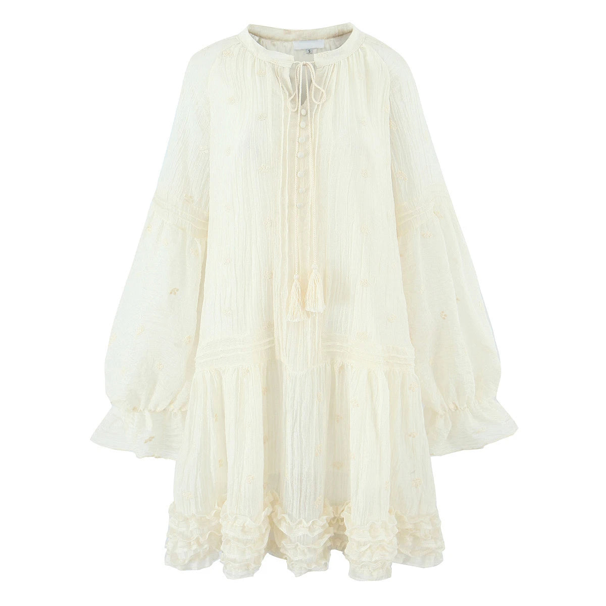 Sheer Dobby Tassel Tie Ruffle Hem Mini Dress