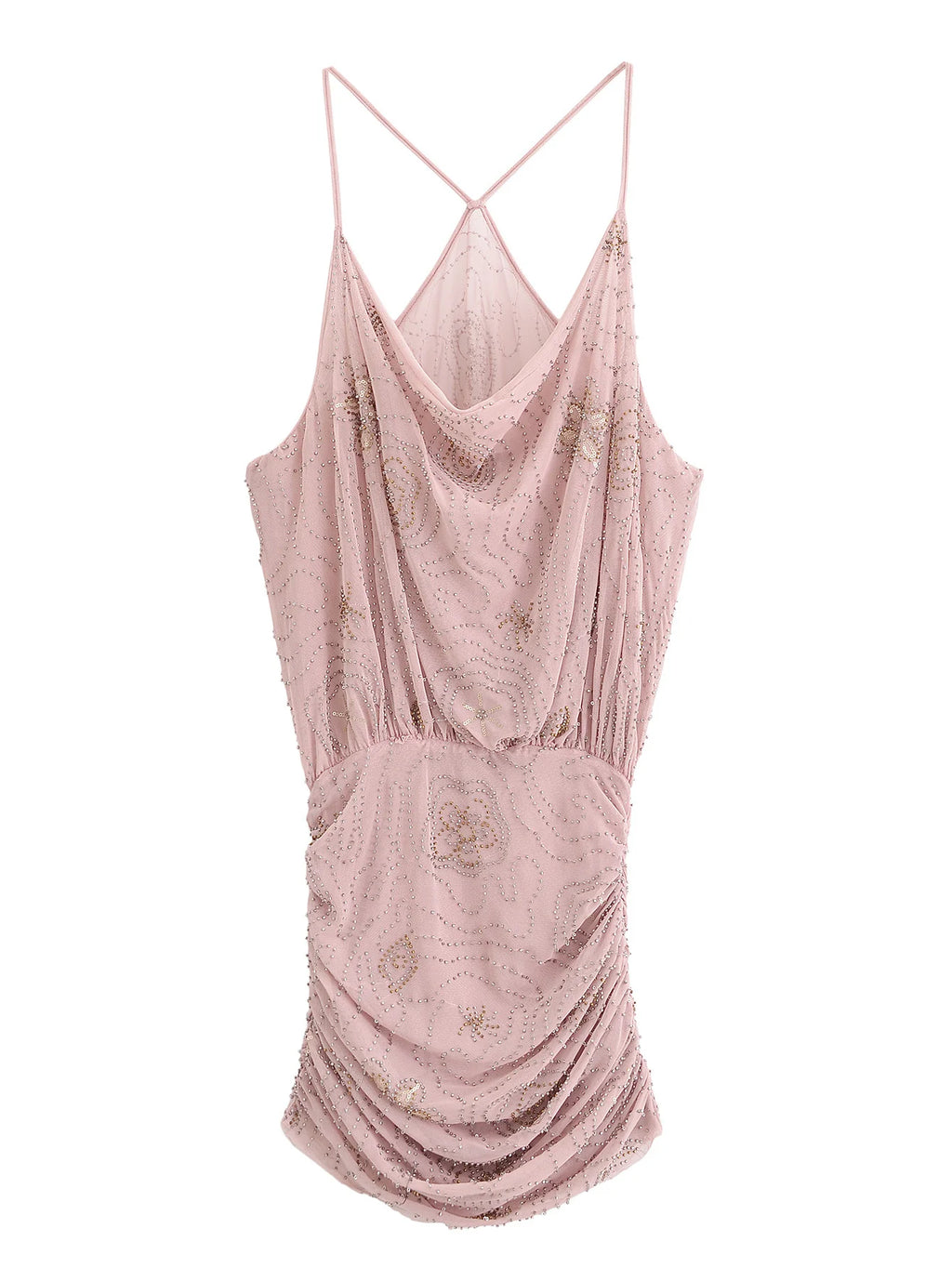 Beaded Cowl Neck Ruched Mini Dress