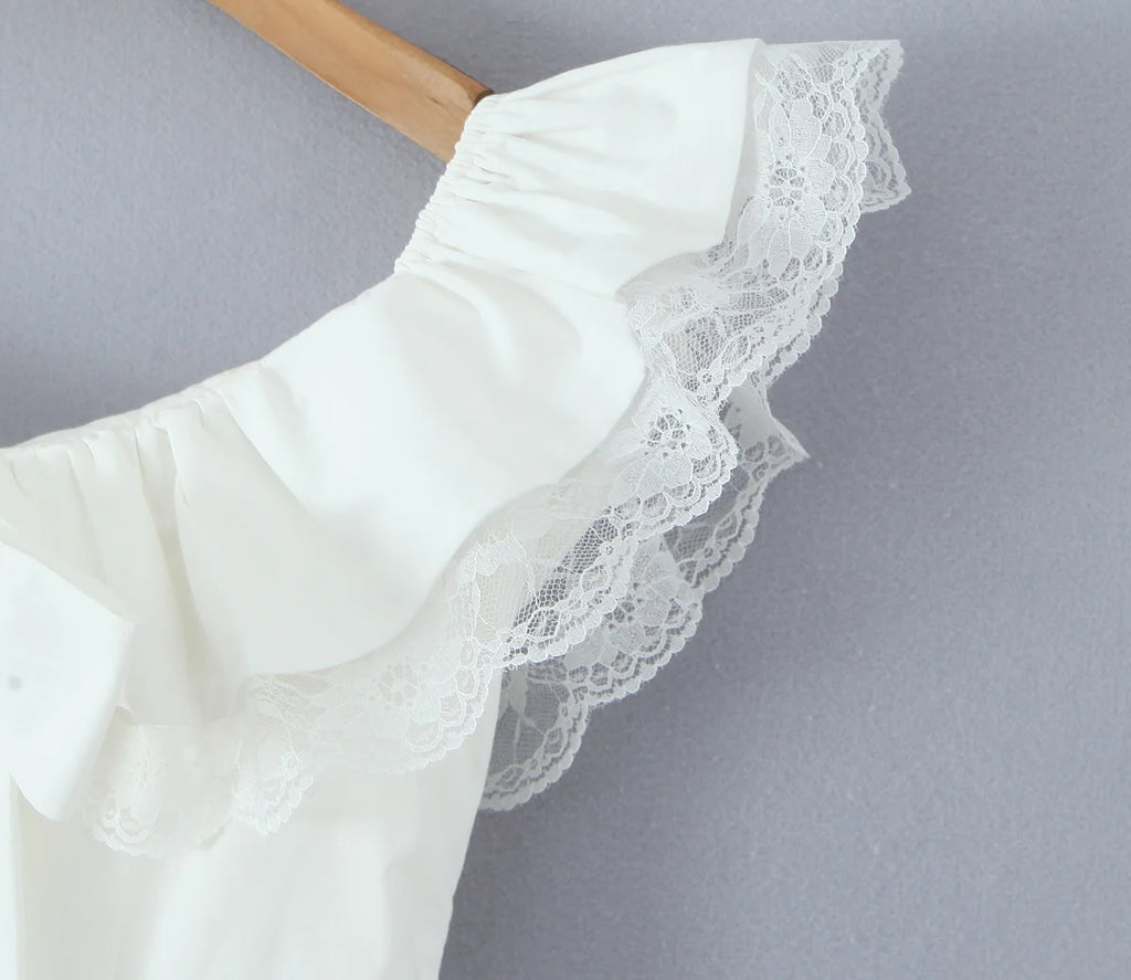 Lace Ruffle Bow Bardot Mini Dress