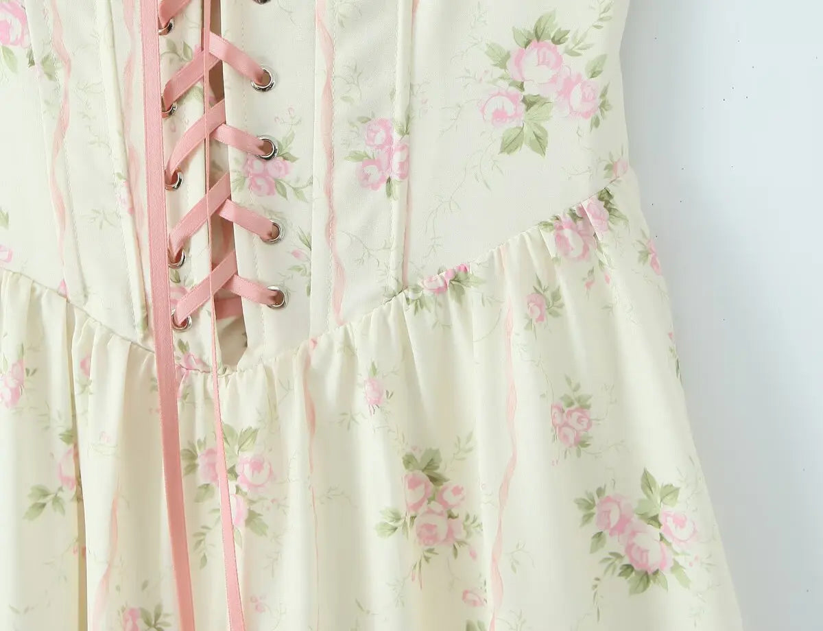Lace Up Corset Puff Sleeve Midi Dress