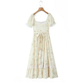 Lace Up Corset Puff Sleeve Midi Dress