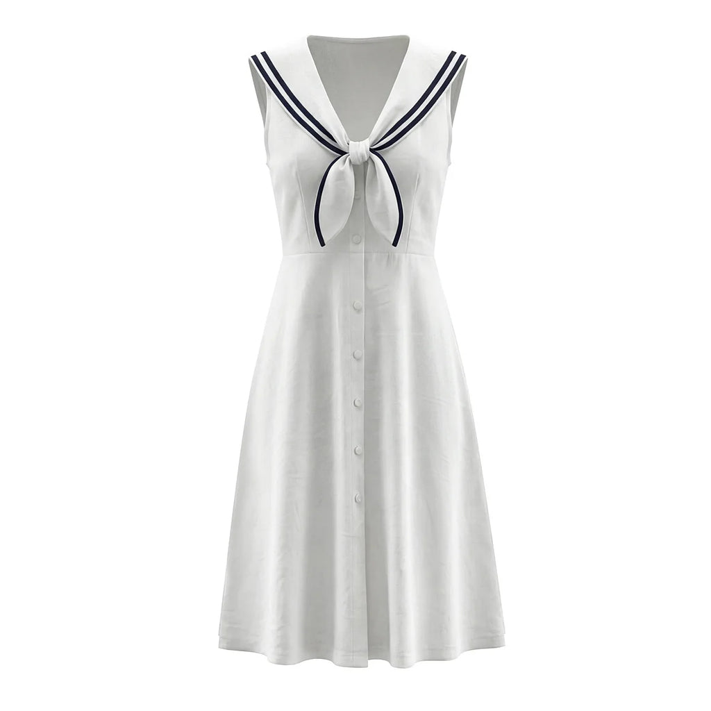 Sailor Collar Bow Front Button Midi Dress