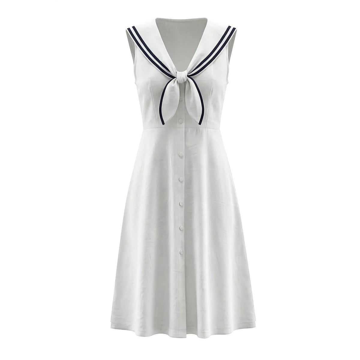 Sailor Collar Bow Front Button Midi Dress