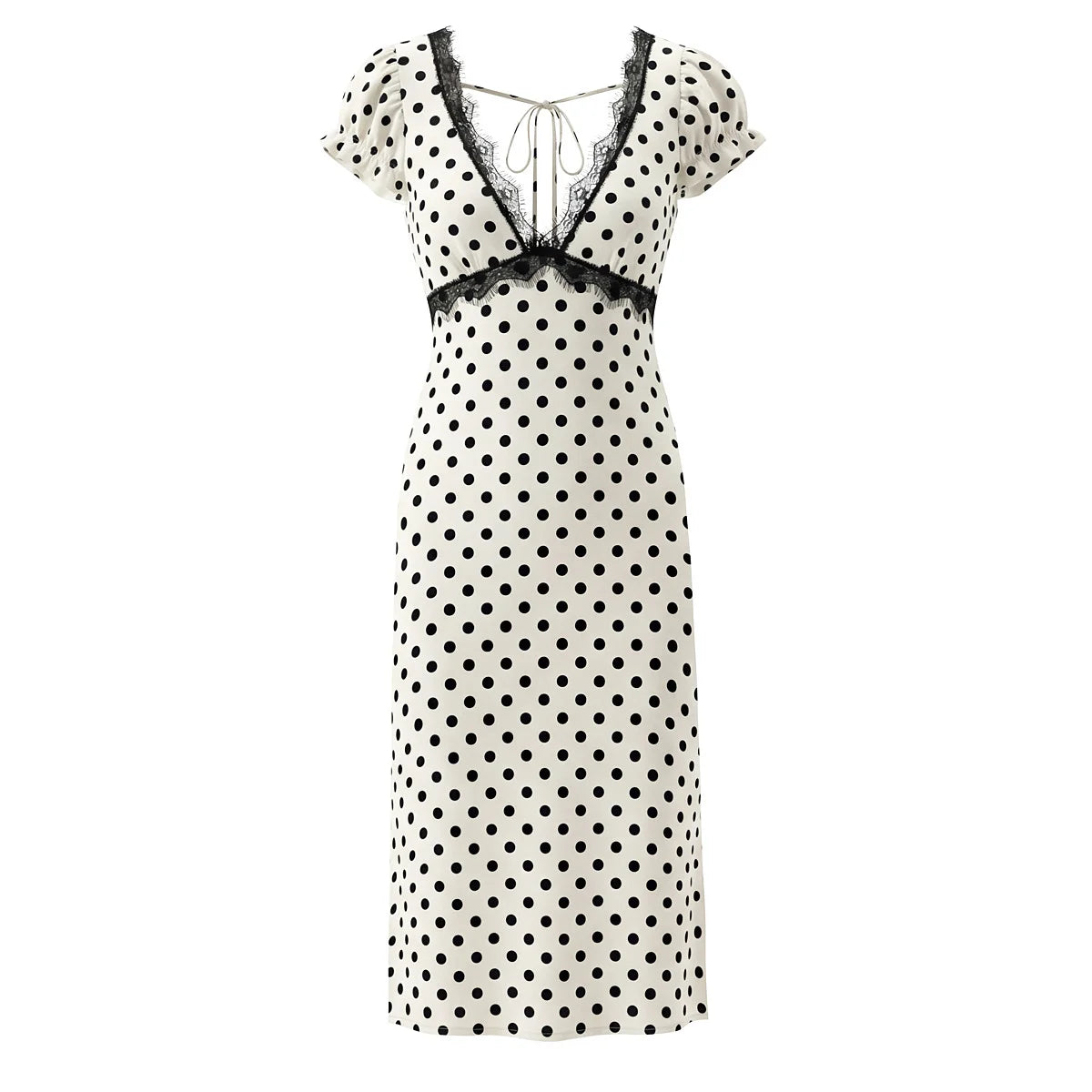 Polka Dot Lace Trim Plunge Maxi Dress