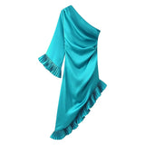 One Shoulder Draped Pleated Trim Midi Dress