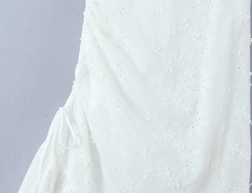 Embroidered Asymmetric Ruffle Midi Dress