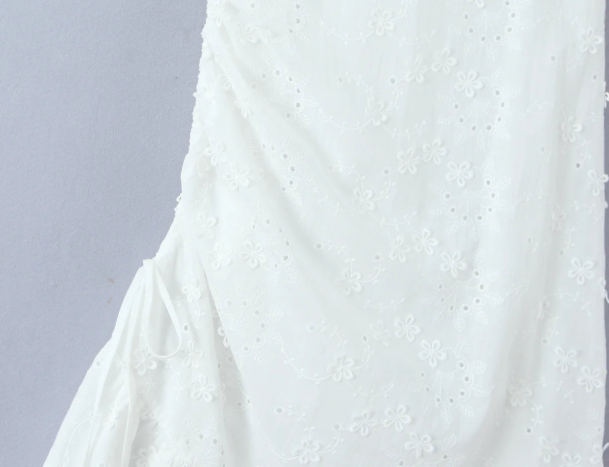 Embroidered Asymmetric Ruffle Midi Dress
