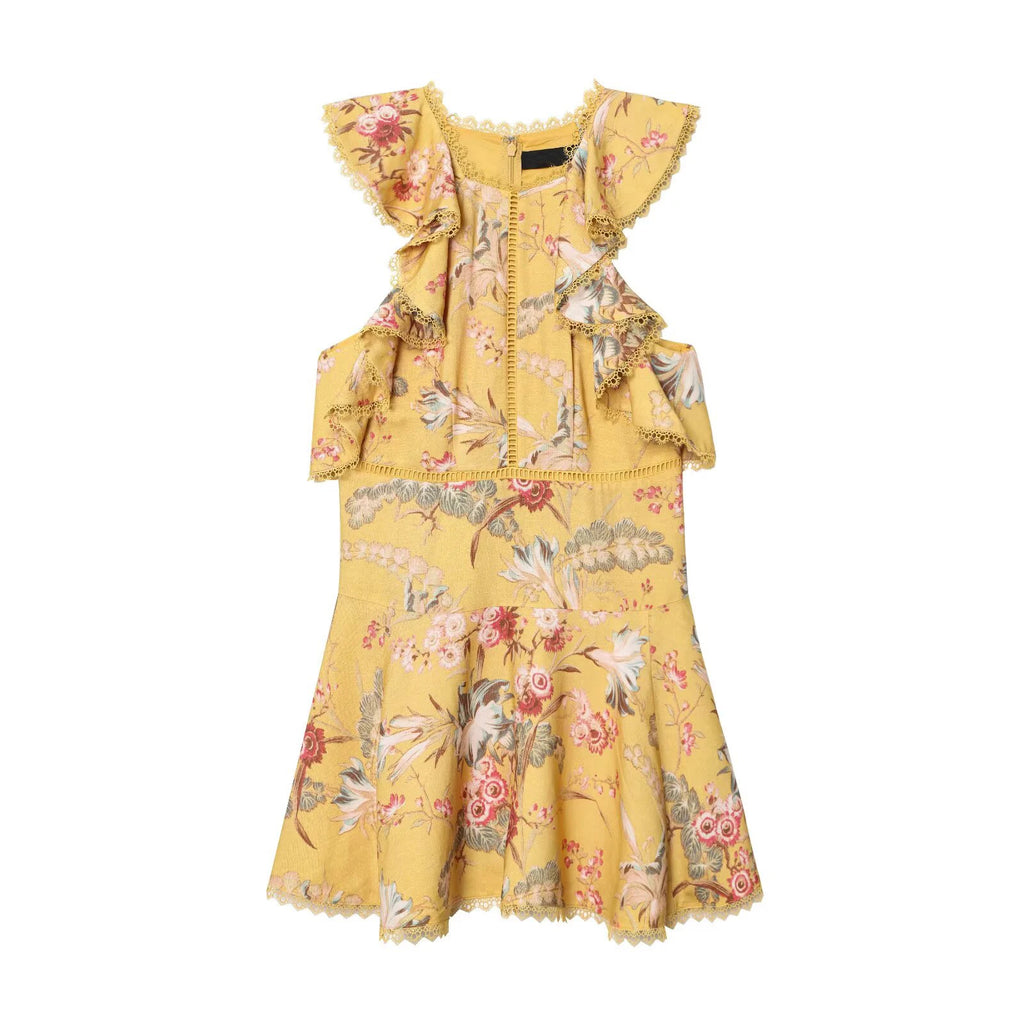 Ruffle Trim High Neck Floral Mini Dress