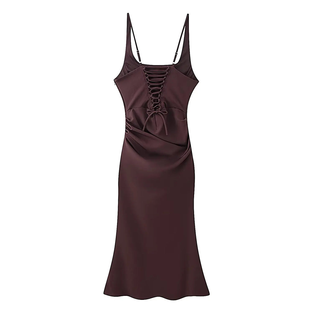 Square Neck Ruched Waist Corset Midi Dress