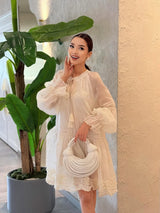 Sheer Dobby Tassel Tie Ruffle Hem Mini Dress