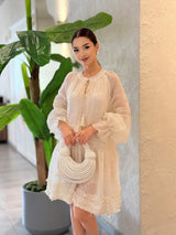 Sheer Dobby Tassel Tie Ruffle Hem Mini Dress