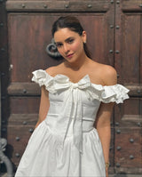 Lace Ruffle Bow Bardot Mini Dress