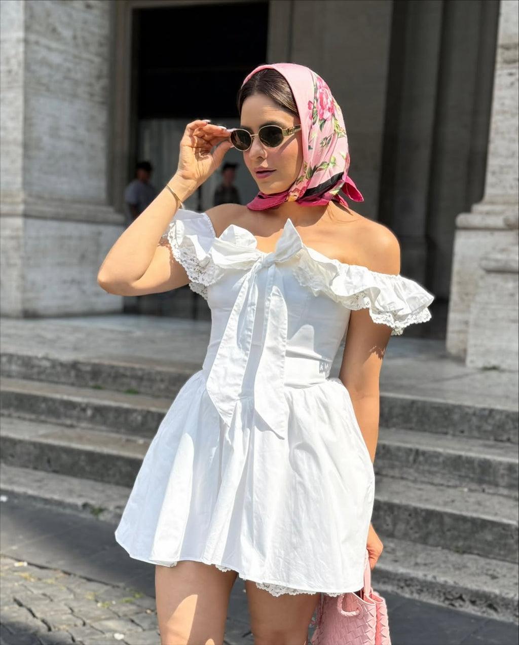 Lace Ruffle Bow Bardot Mini Dress