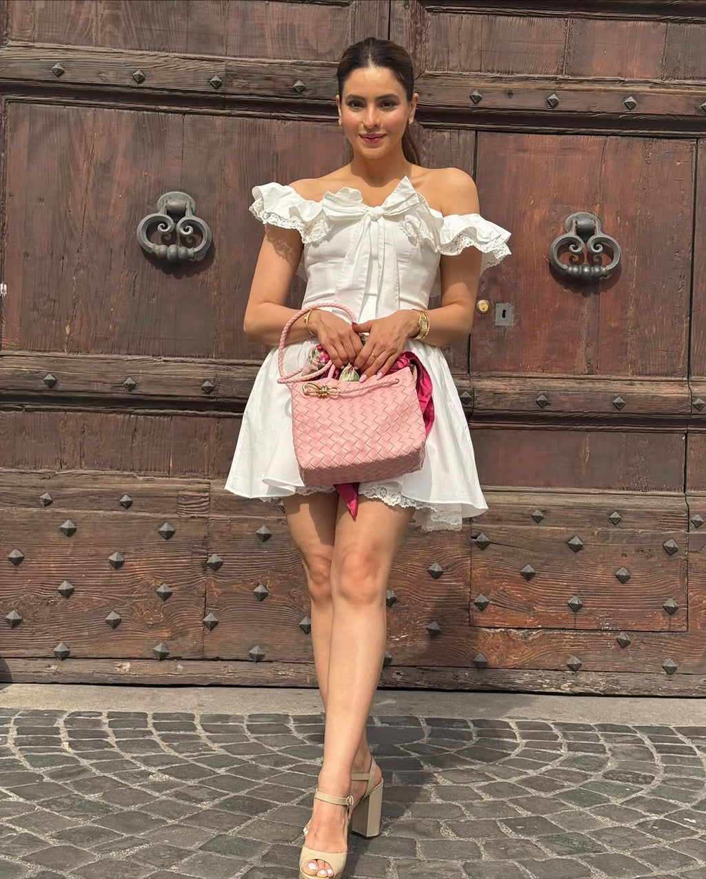 Lace Ruffle Bow Bardot Mini Dress