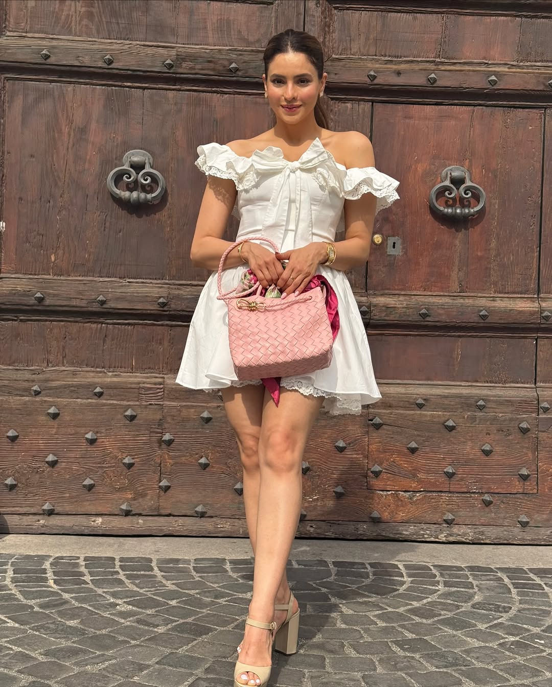 Lace Ruffle Bow Bardot Mini Dress