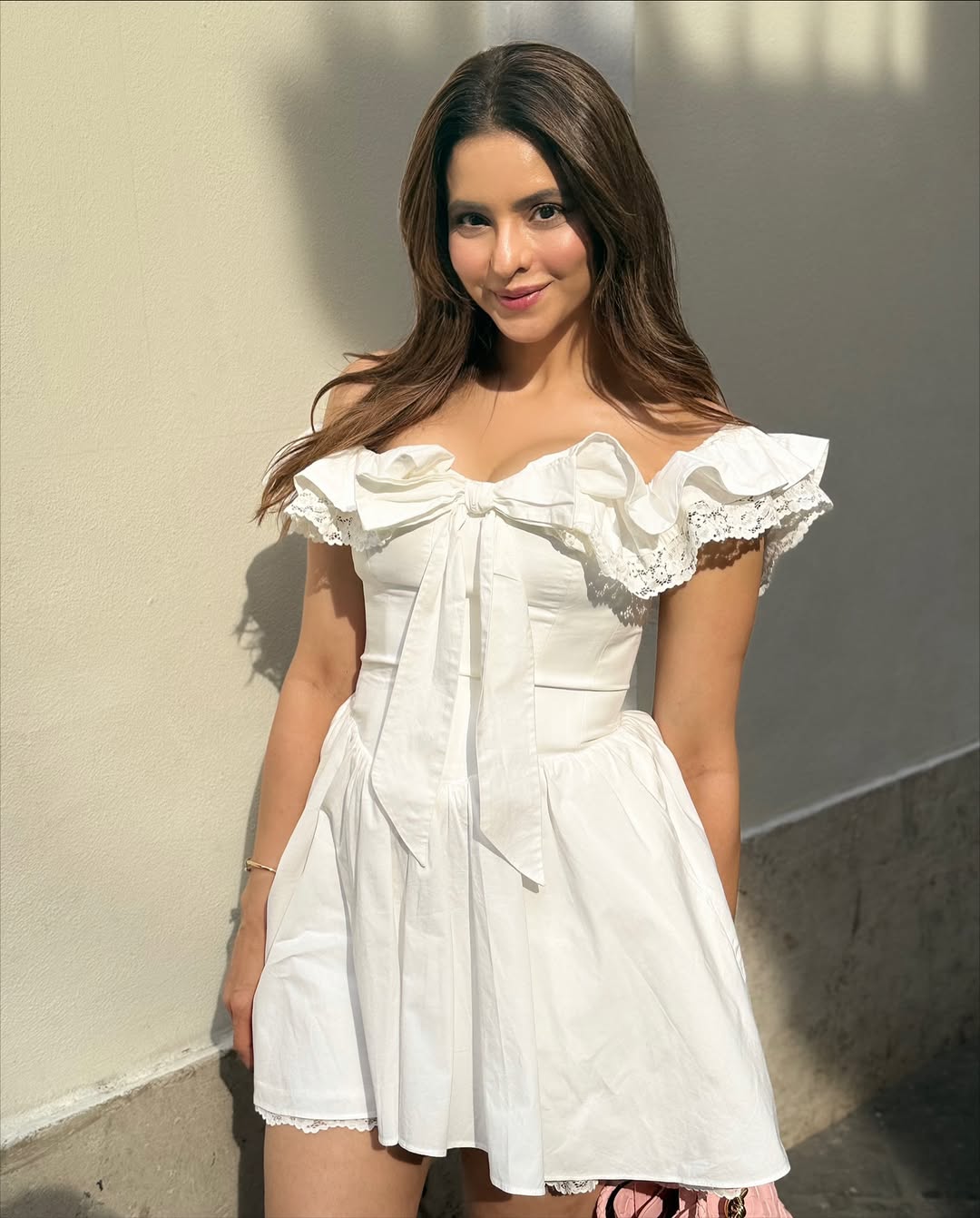 Lace Ruffle Bow Bardot Mini Dress