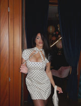 Polka Keyhole Tie Neck Mini Dress