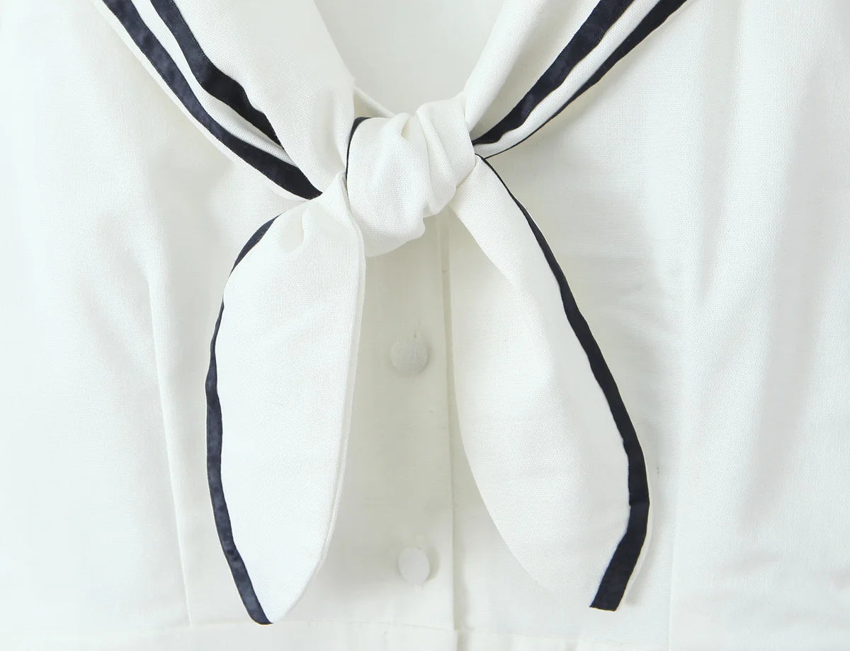Sailor Collar Bow Front Button Midi Dress