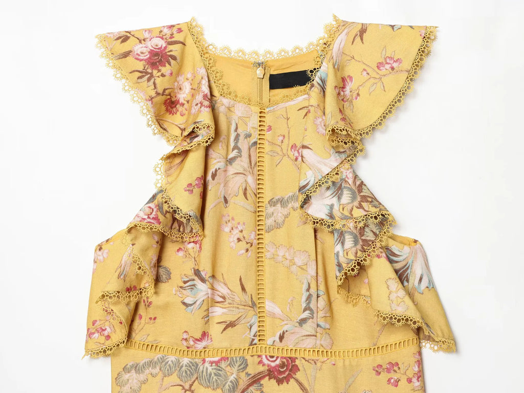 Ruffle Trim High Neck Floral Mini Dress