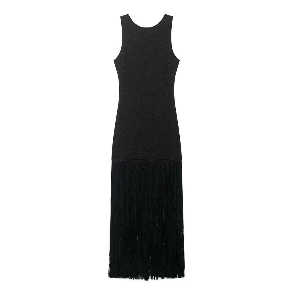 Fringe Cascade Column Maxi Dress