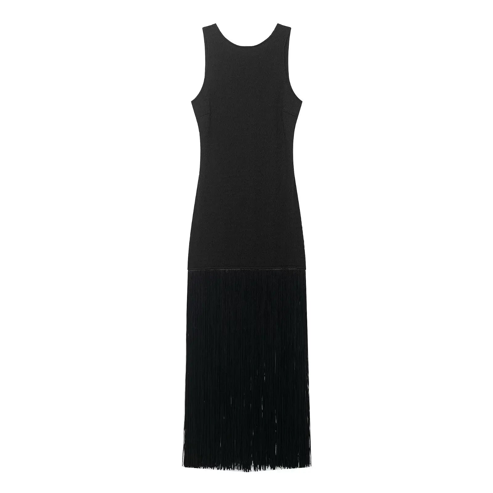 Fringe Cascade Column Maxi Dress