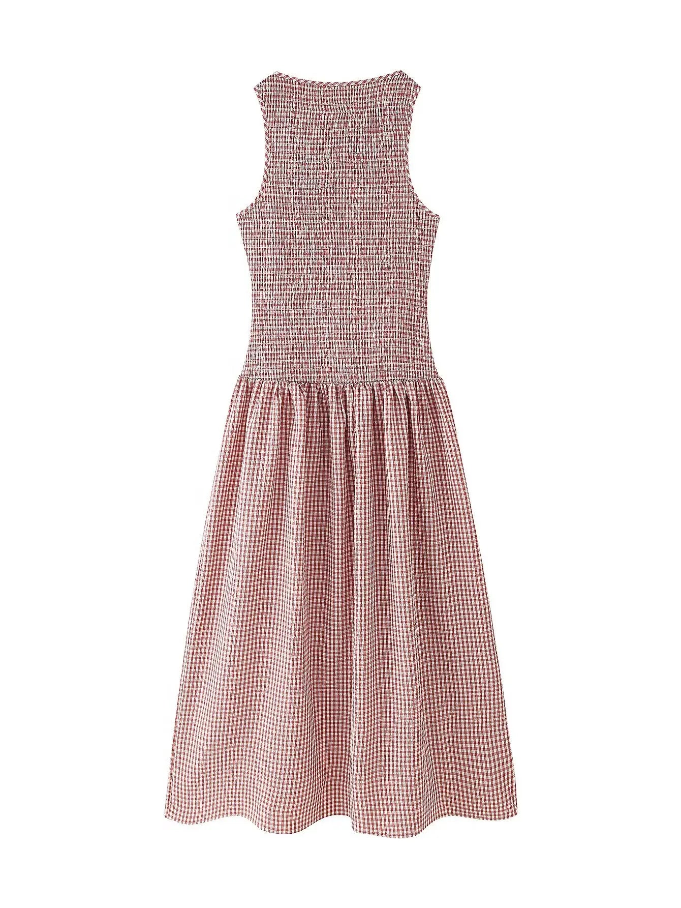Smocked Crewneck Gingham Maxi Dress