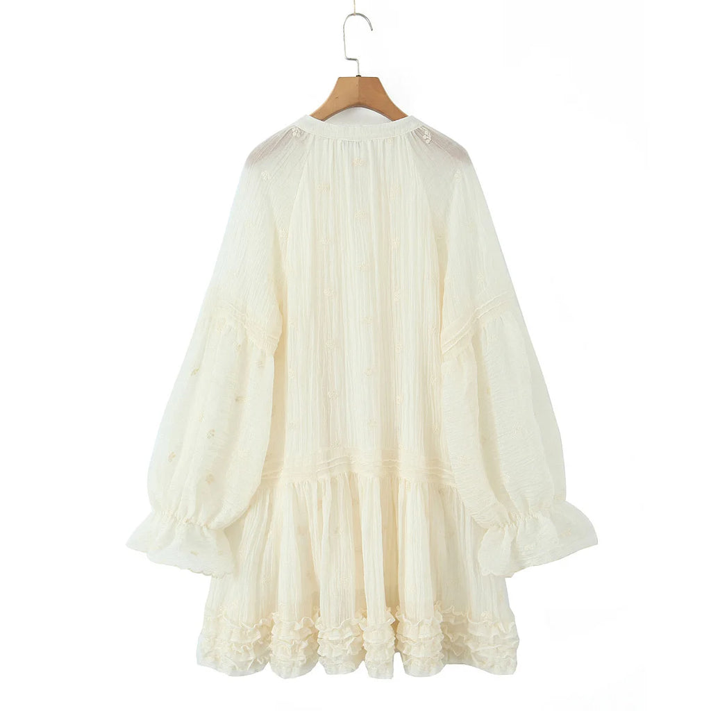 Sheer Dobby Tassel Tie Ruffle Hem Mini Dress