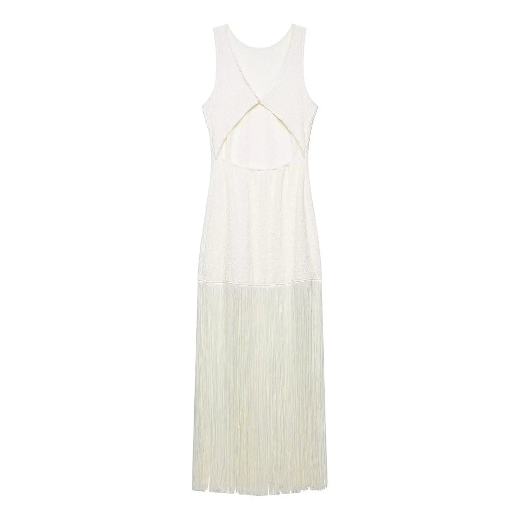 Fringe Cascade Column Maxi Dress