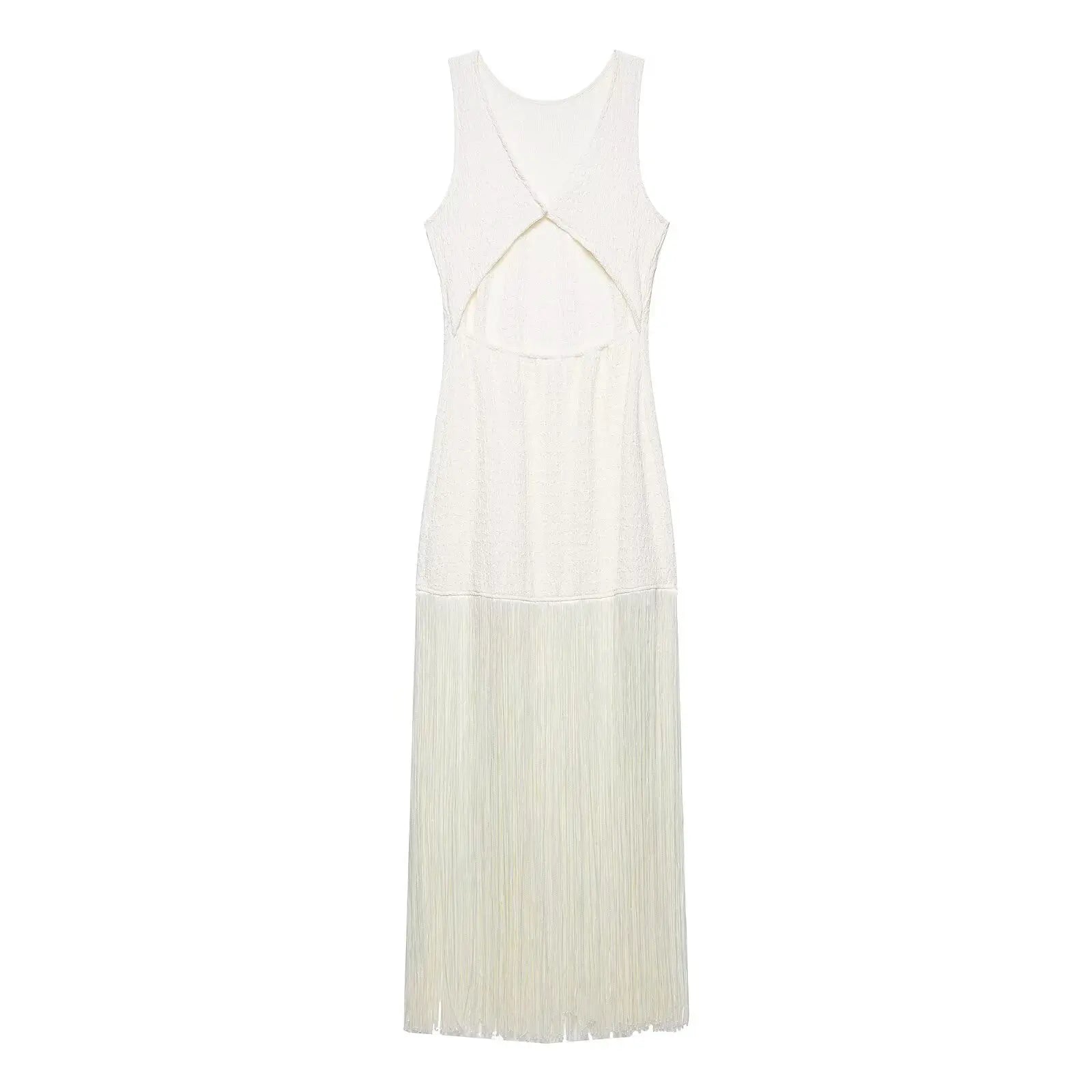 Fringe Cascade Column Maxi Dress