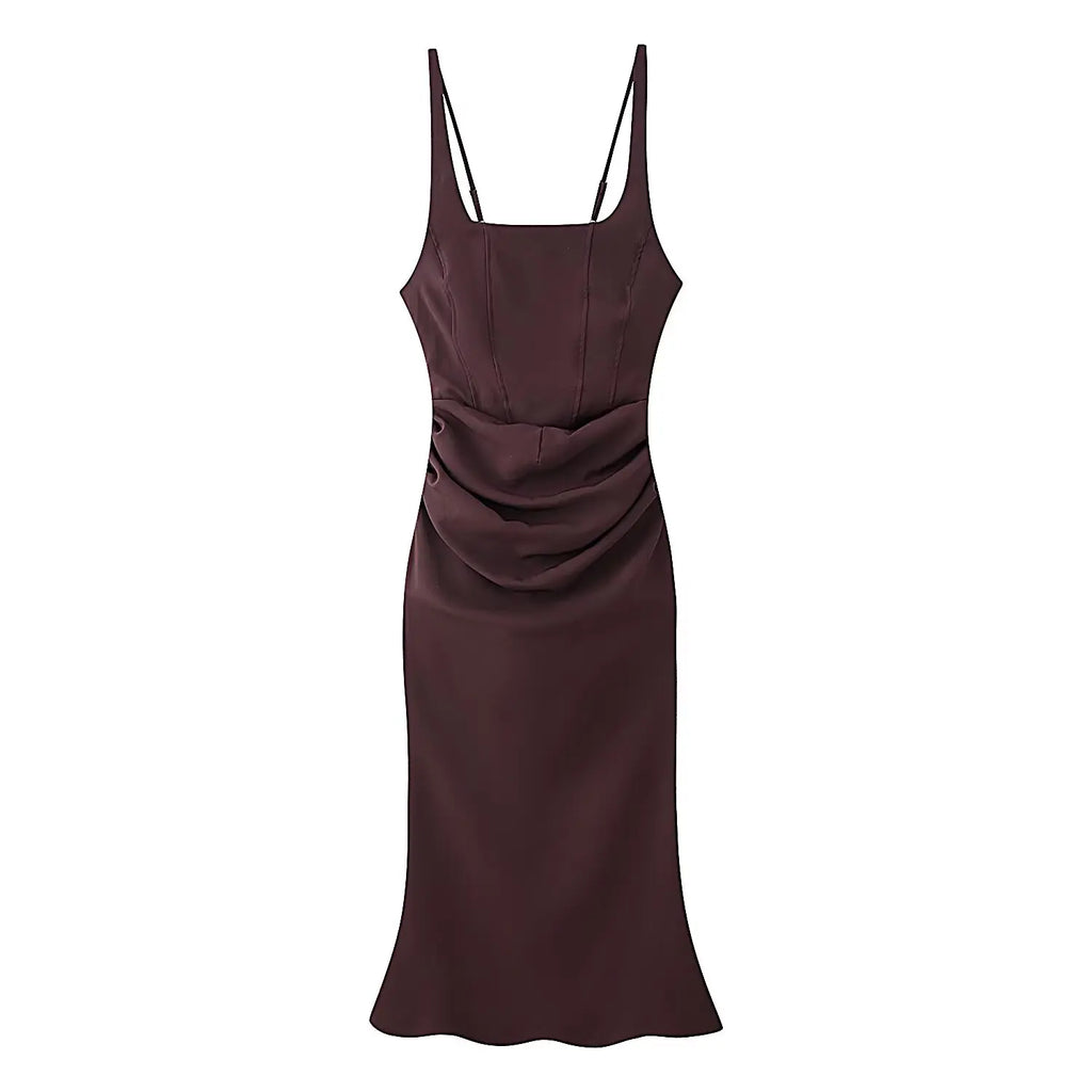 Square Neck Ruched Waist Corset Midi Dress